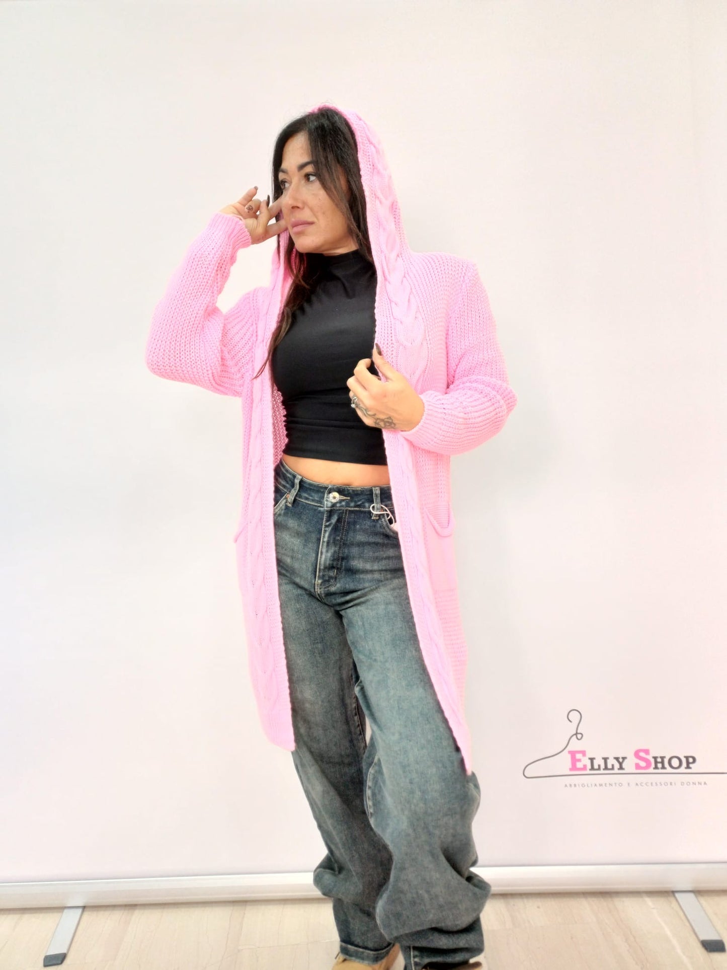 Cardigan lungo donna intrecciato con cappuccio