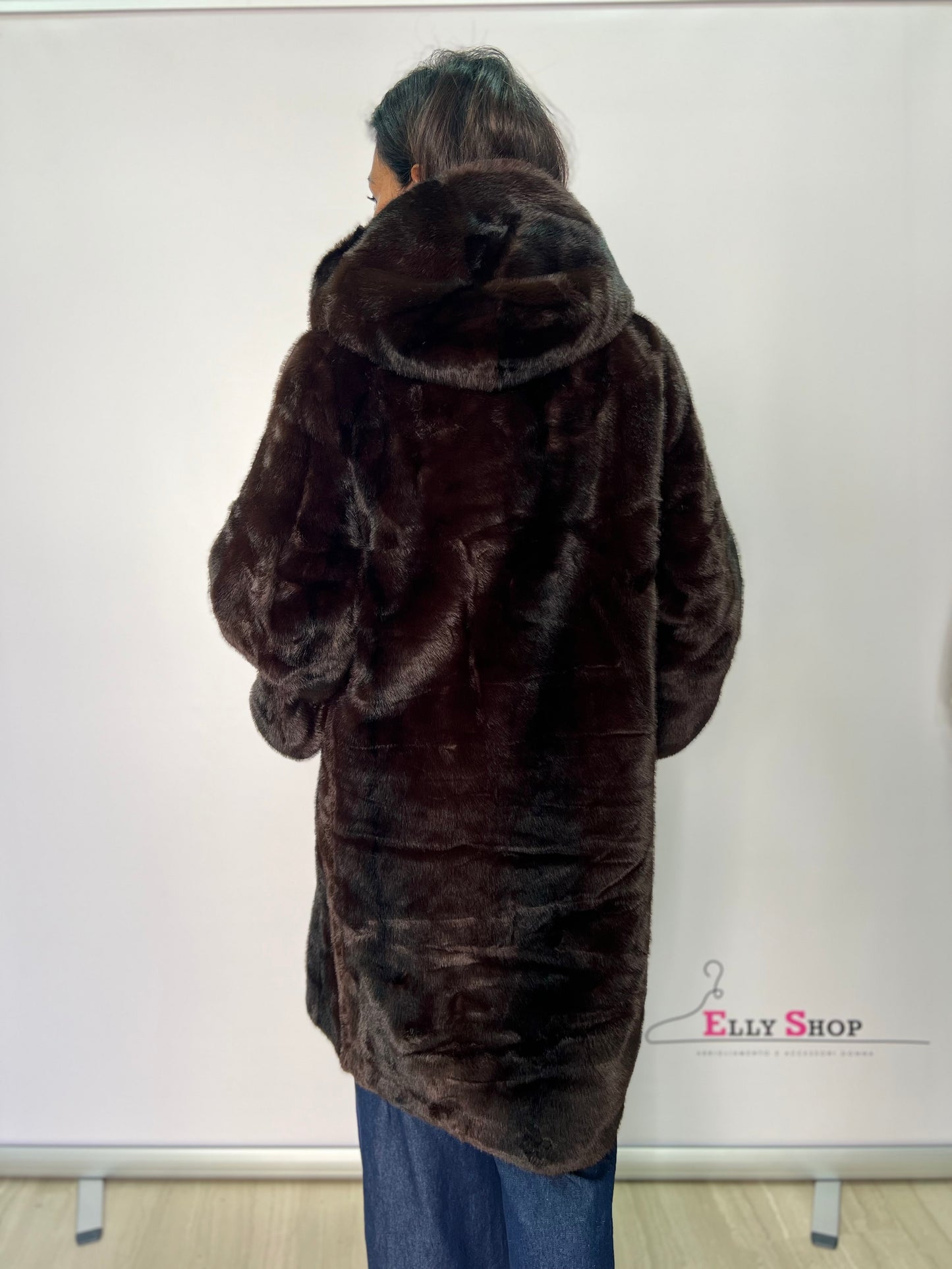 Pelliccia lunga donna con cappuccio in ecopelliccia visone – taglia unica beige o marrone fino alla 46