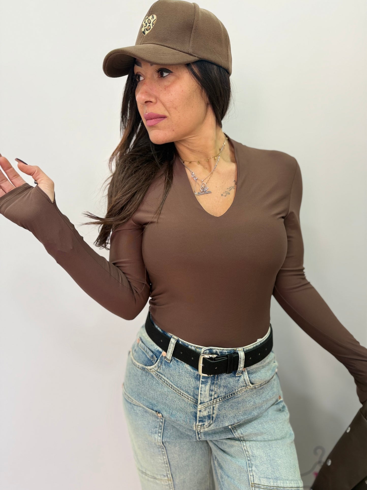 Body donna a manica lunga con scollo a V