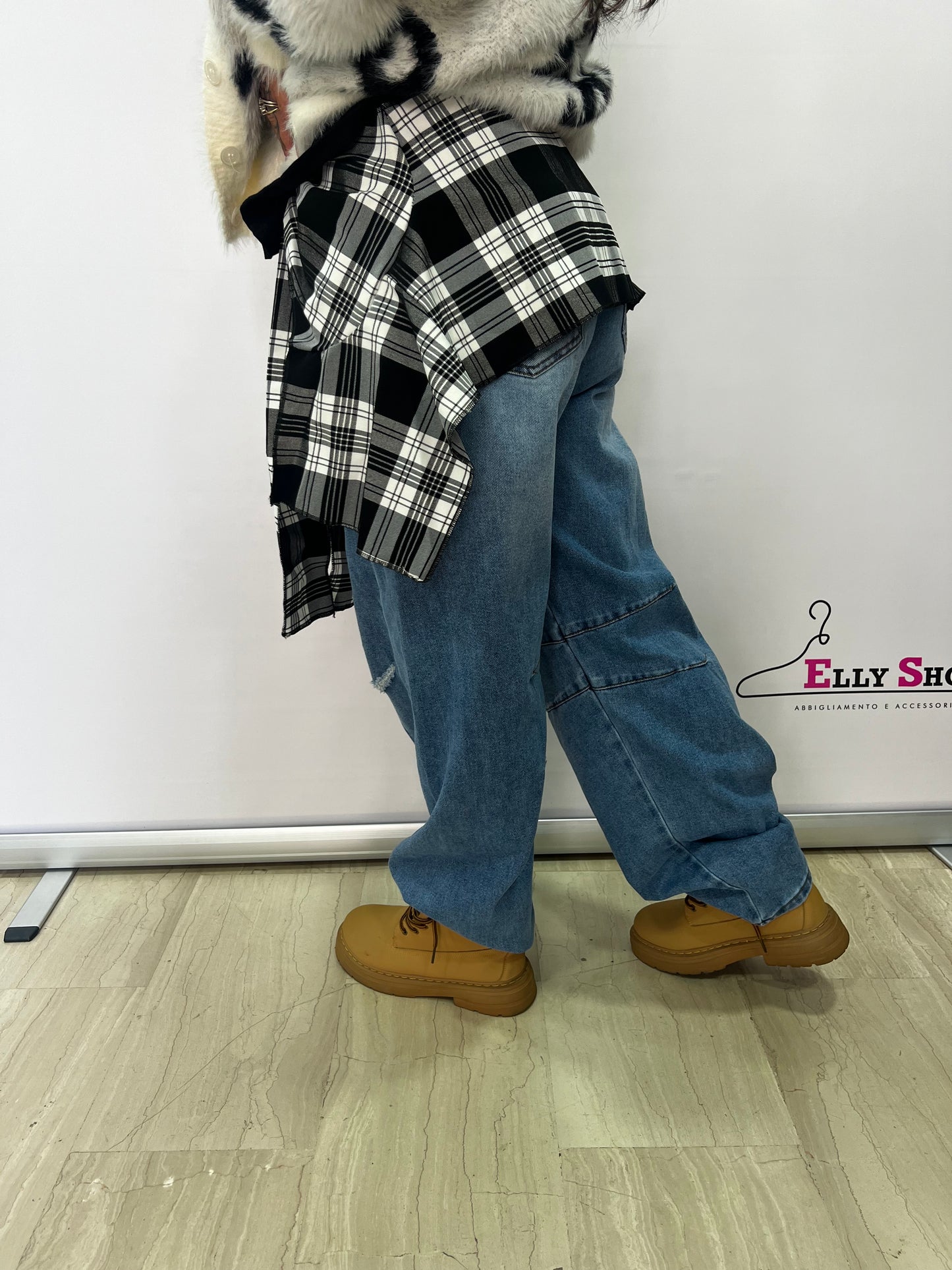 Jeans donna con camicia a quadri incorporata