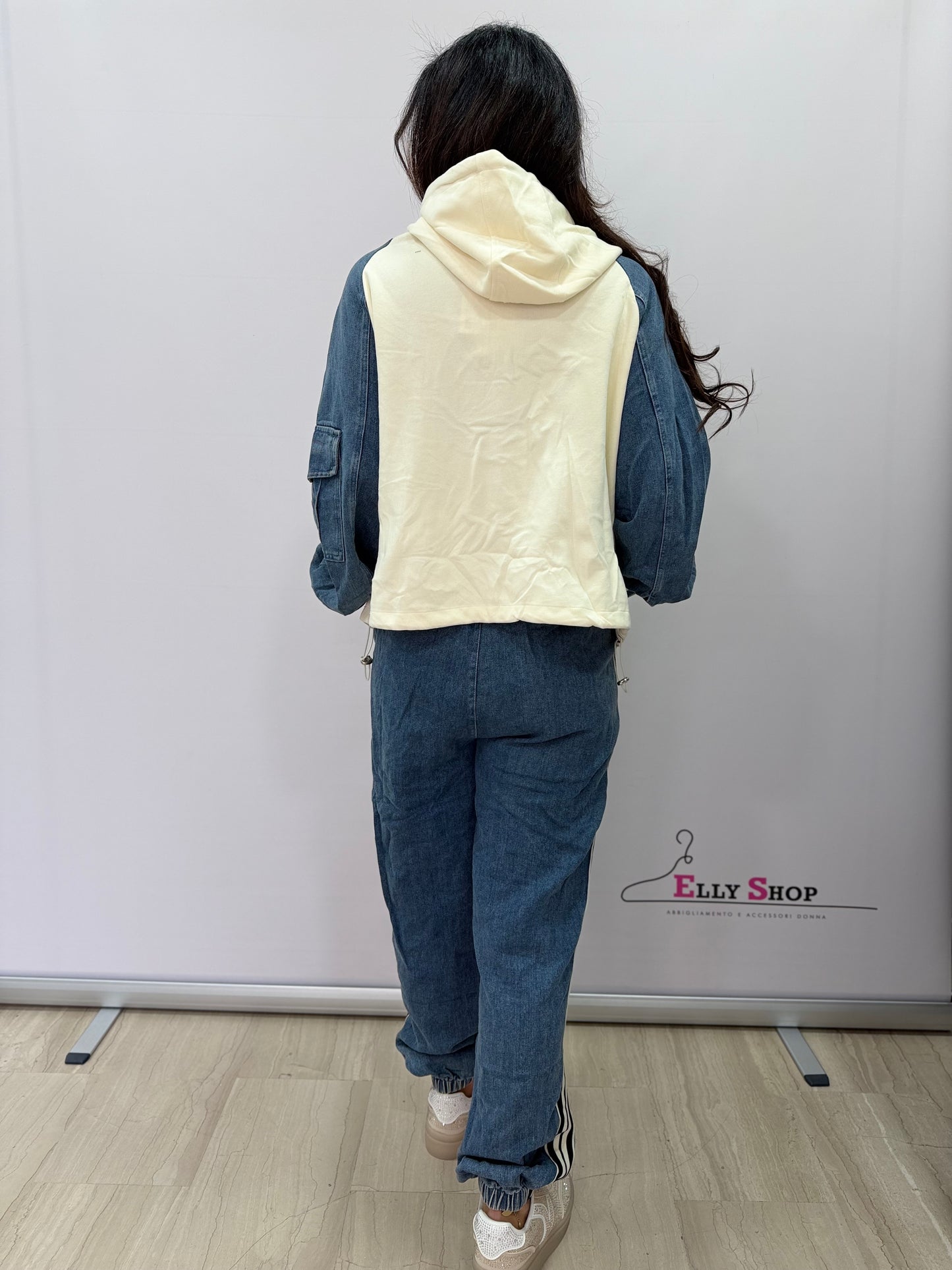 Completo tuta donna denim mix con cappuccio
