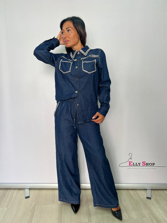 Completo in denim con brillantini su colletto e tasche – look casual chic taglia unica fino a XL