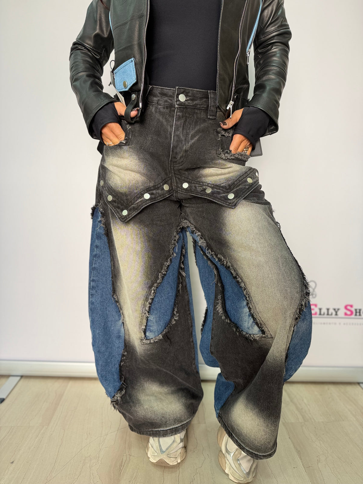 Jeans Donna Balloon Oversize Bicolor Patchwork con Inserti Denim