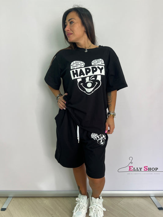 Completo donna oversize t-shirt e pantaloncini con stampa "HAPPY" – casual streetwear
