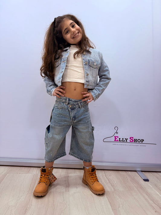 Jeans bermuda bambina con strass
