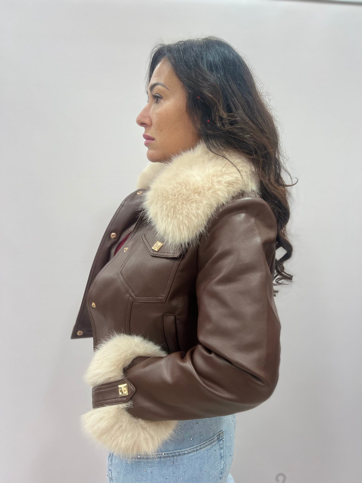 Giacca ecopelle corta con pelliccia removibile