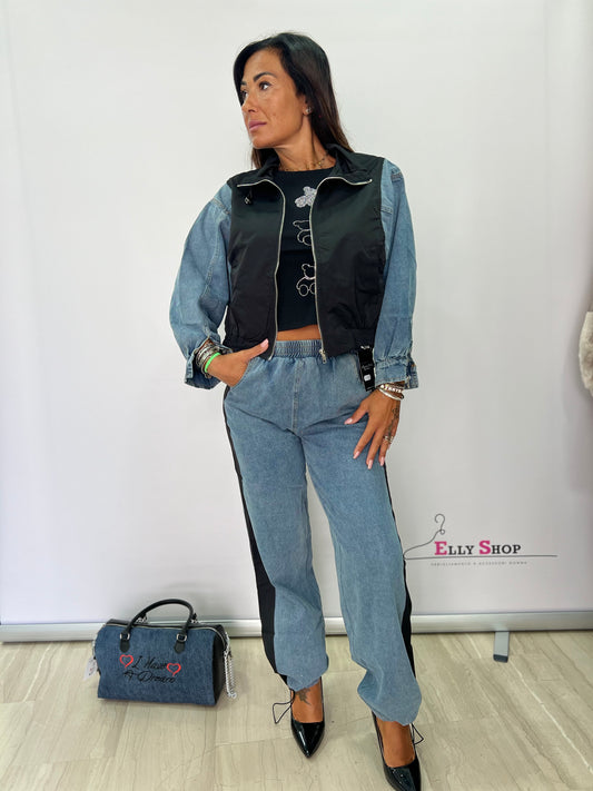 Completo donna in denim e acetato con bande laterali – look casual sportivo SM/ML