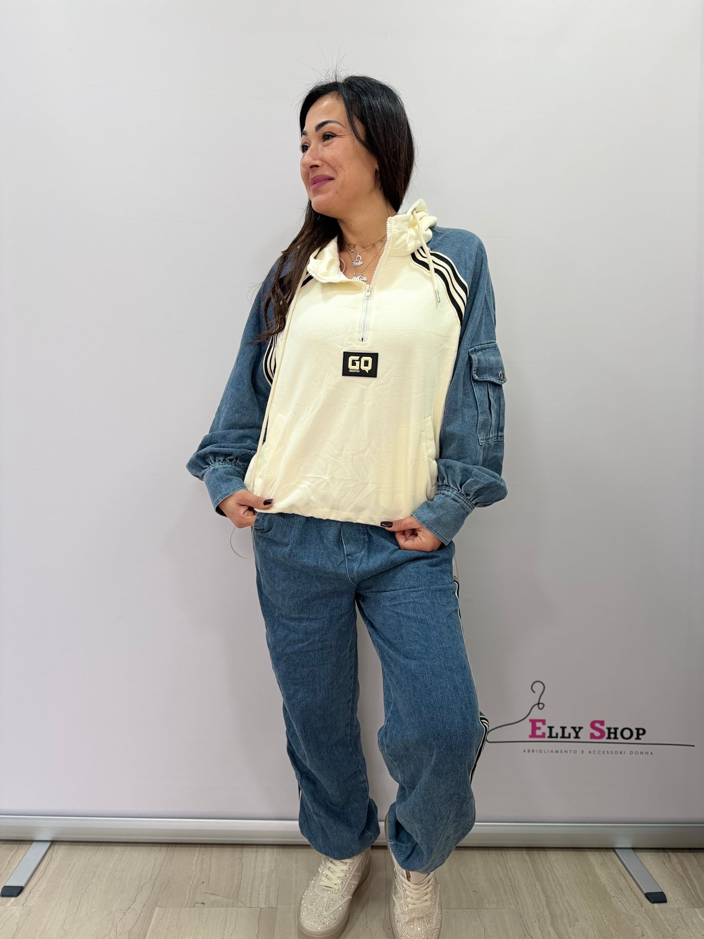 Completo tuta donna denim mix con cappuccio