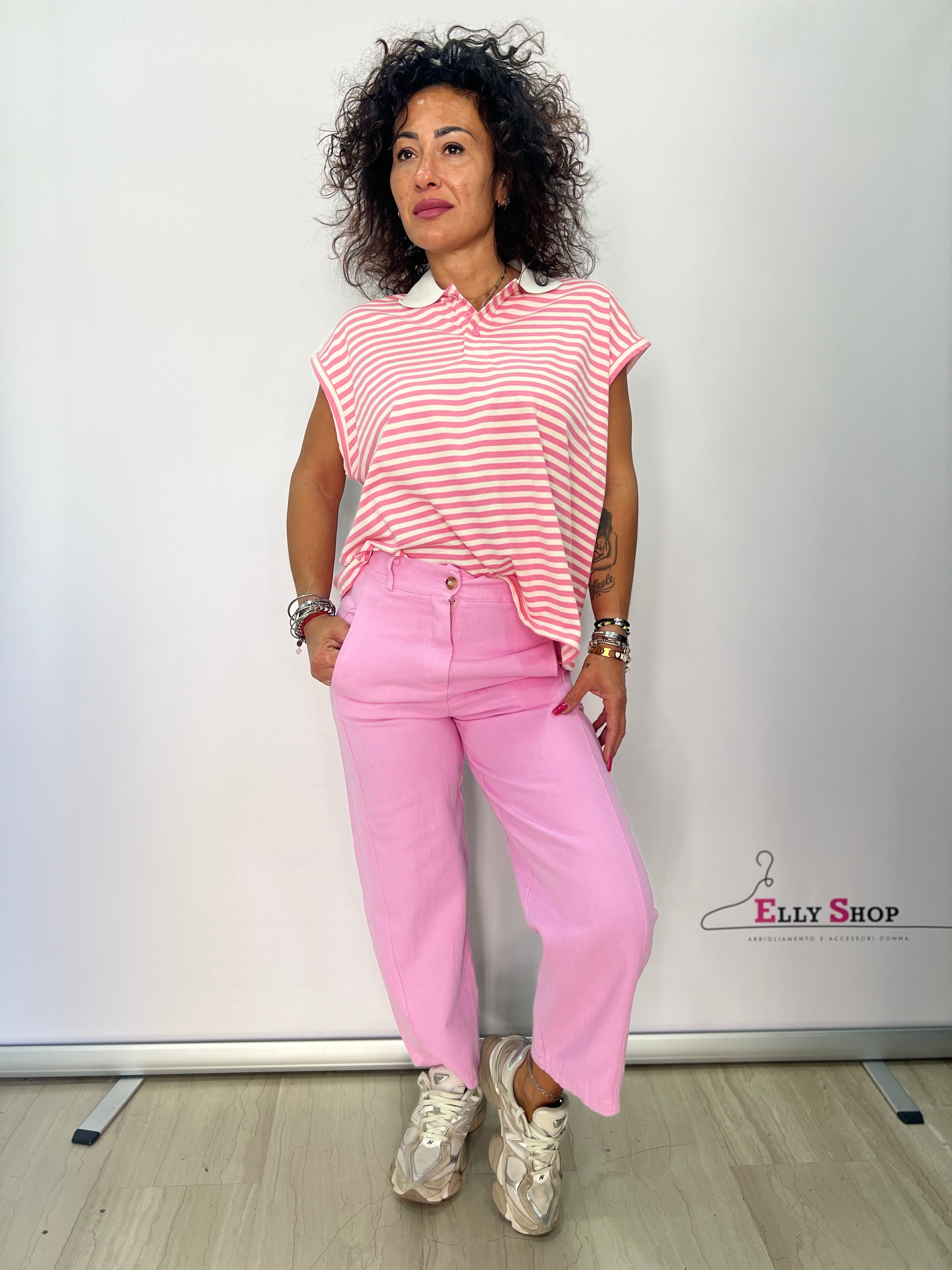 Completo casual donna righe e pantalone giallo