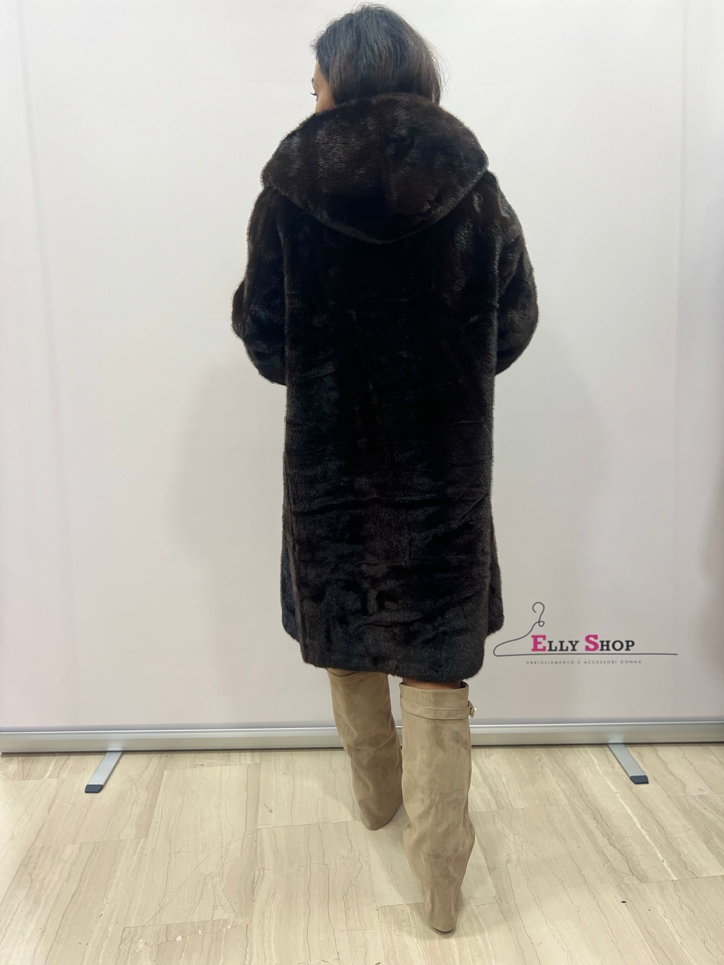 Pelliccia lunga donna con cappuccio in ecopelliccia visone – taglia unica beige o marrone fino alla 46
