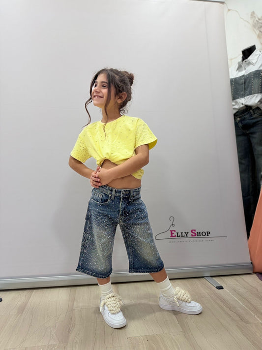 Bermuda denim bambina con strass