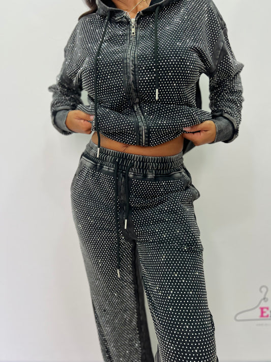 Completo tuta in jeans e brillantini