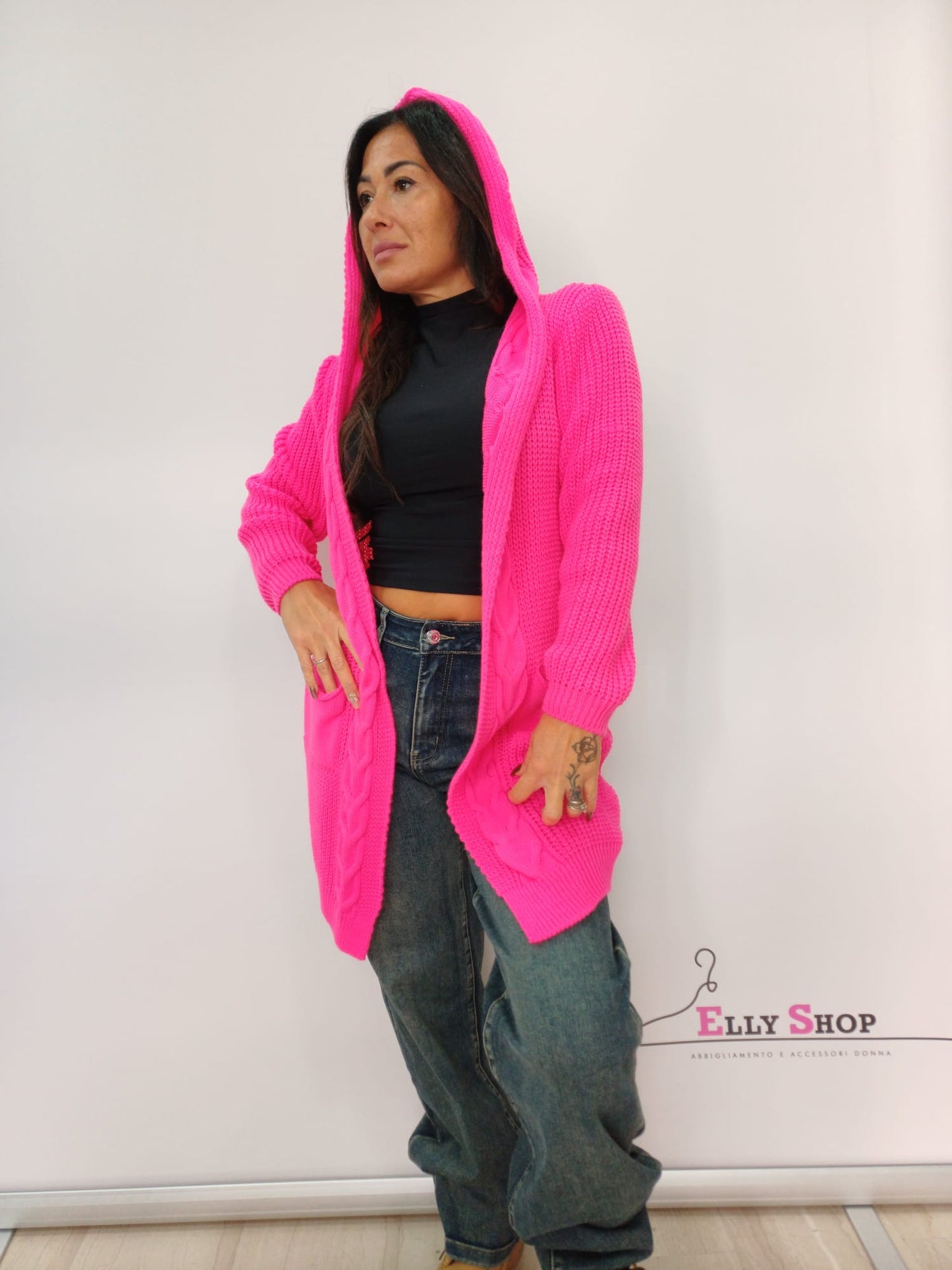 Cardigan lungo donna intrecciato con cappuccio