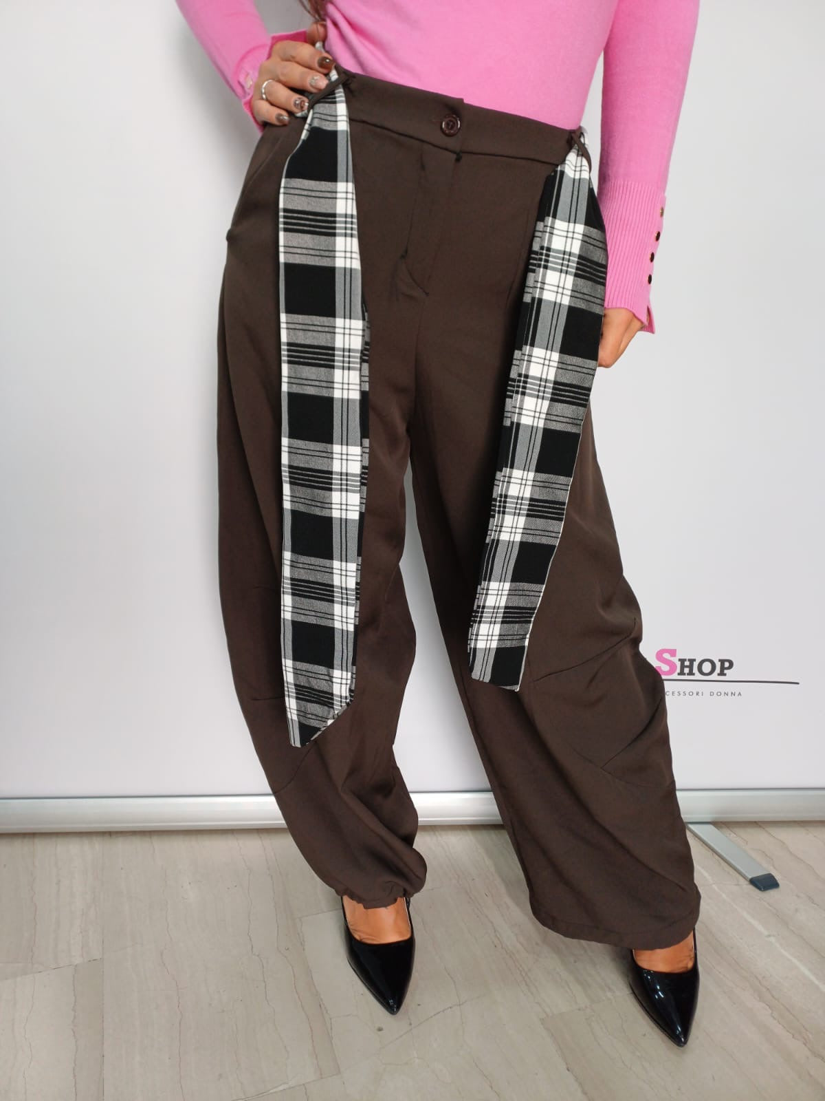 Pantalone donna bretelle scozzese