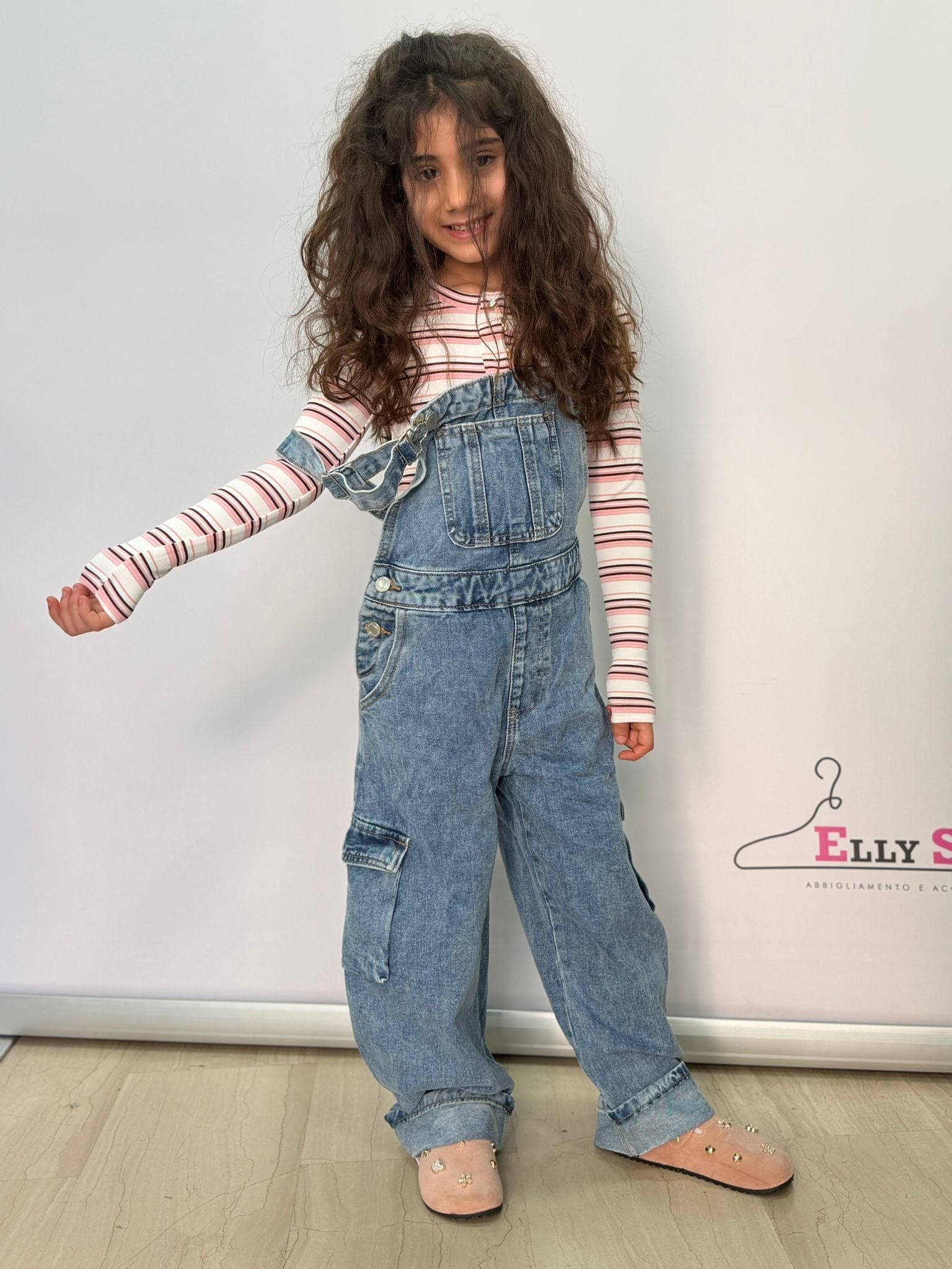 Salopette jeans cargo bambina larga casual