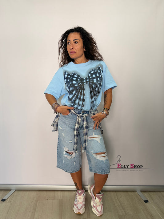 Bermuda jeans donna destroyed con camicia