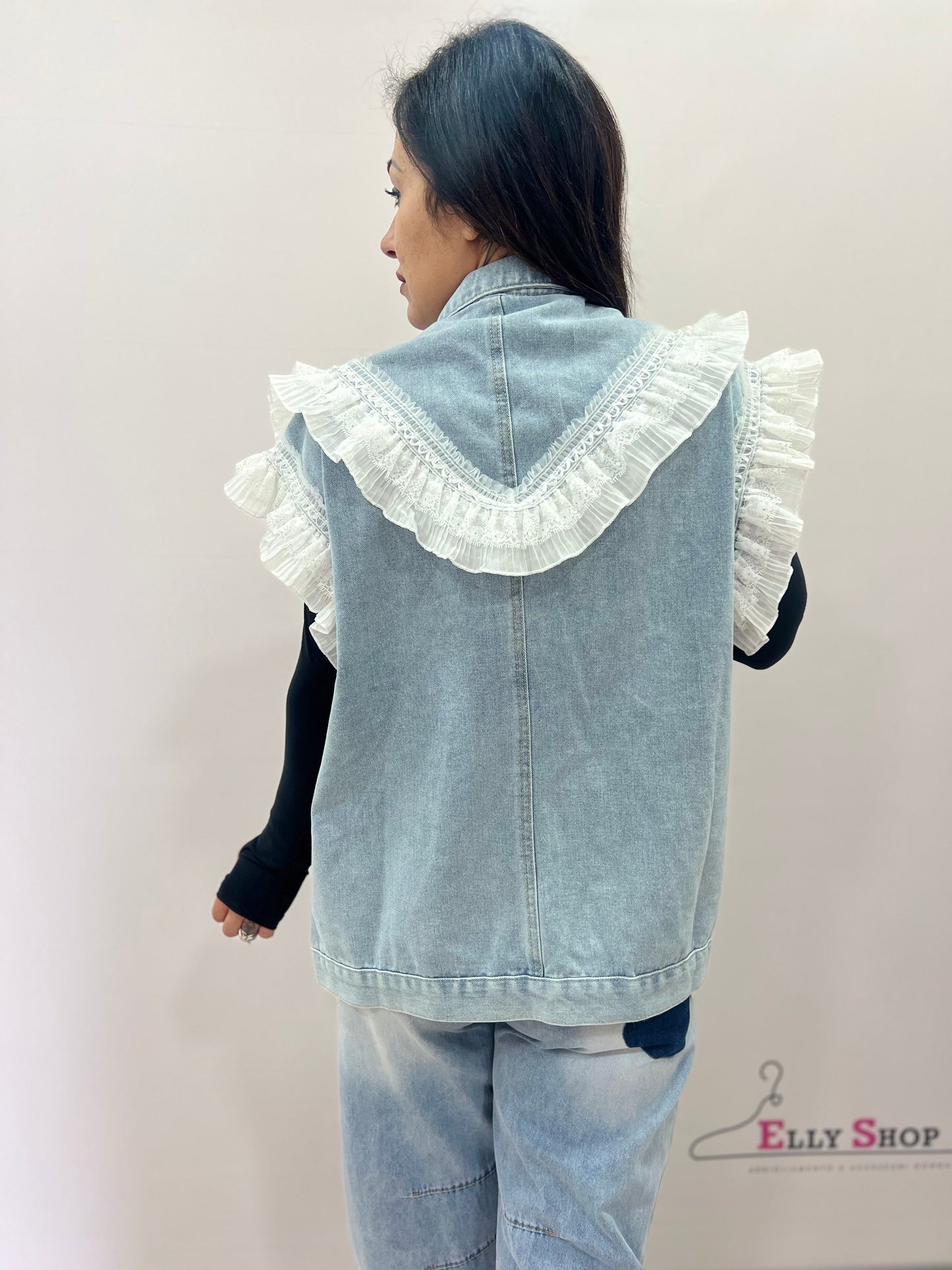 Gilet donna denim con rouches e perle