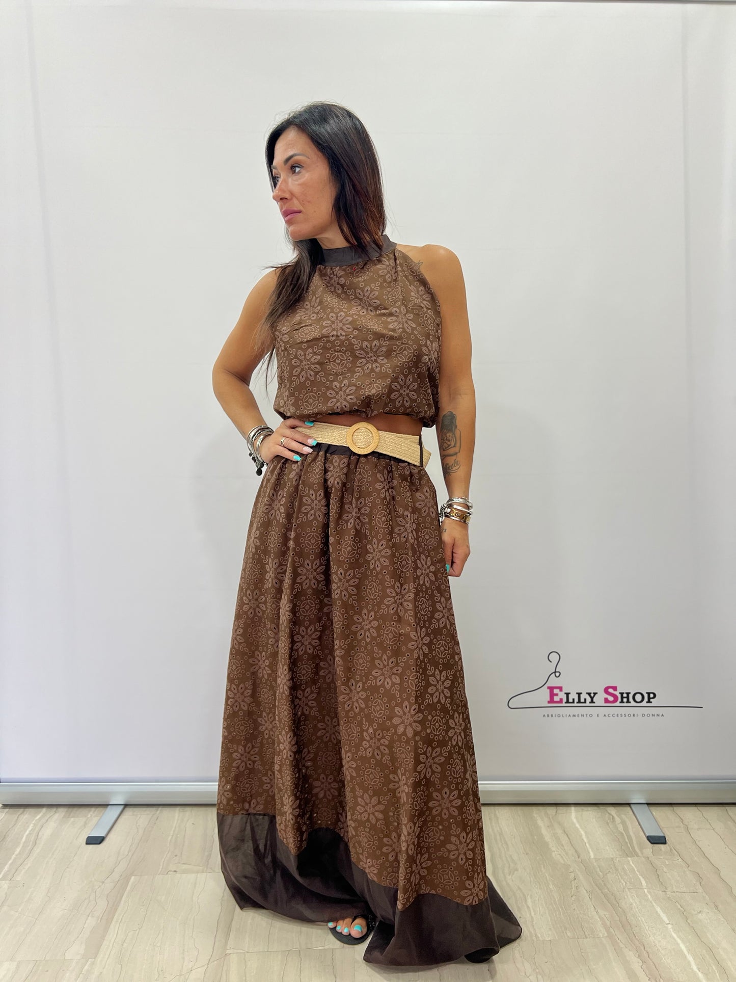 Completo Estivo Donna Gonna Lunga E Top Halter Azzurro e Marrone Ricamato