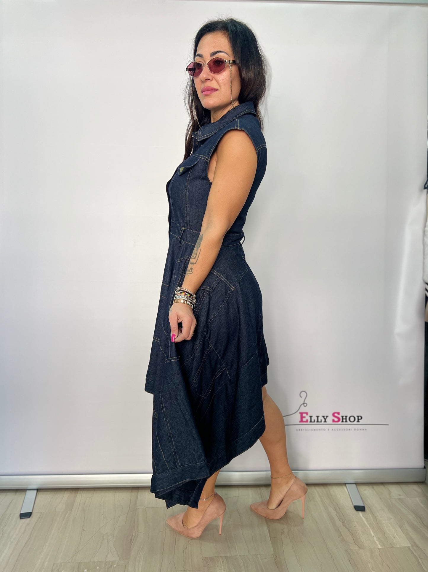 Abito midi denim asimmetrico donna