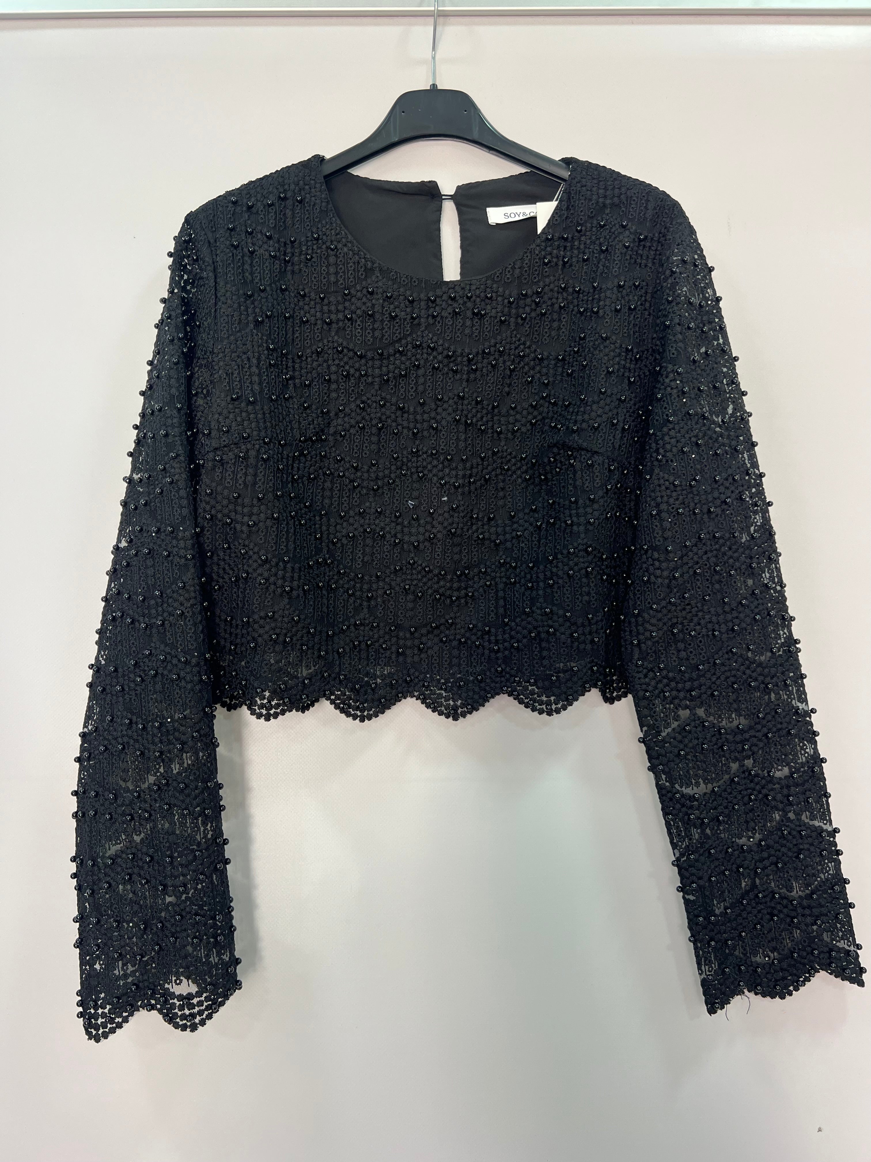 Top crop in pizzo con perline donna