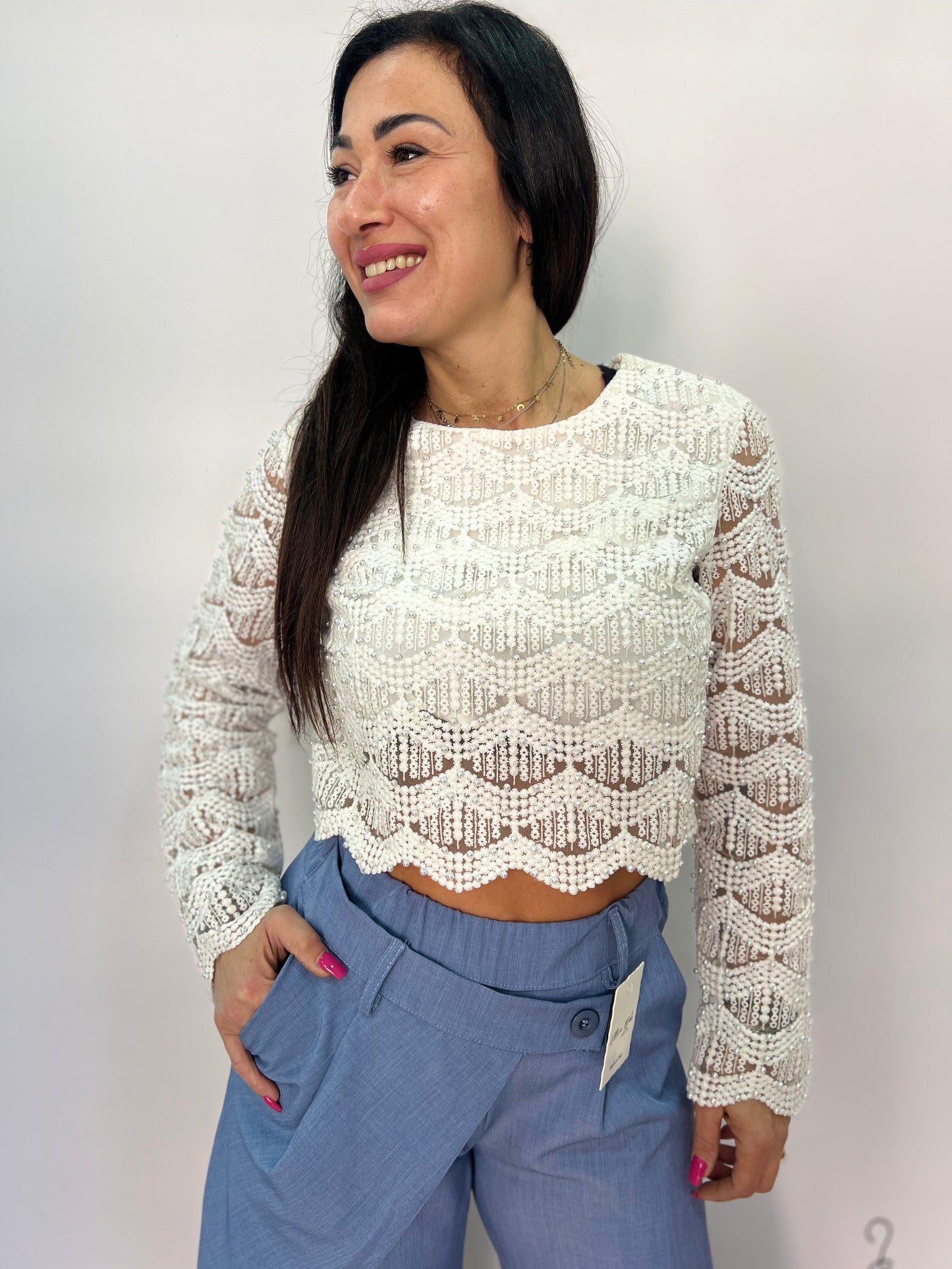 Top crop in pizzo con perline donna