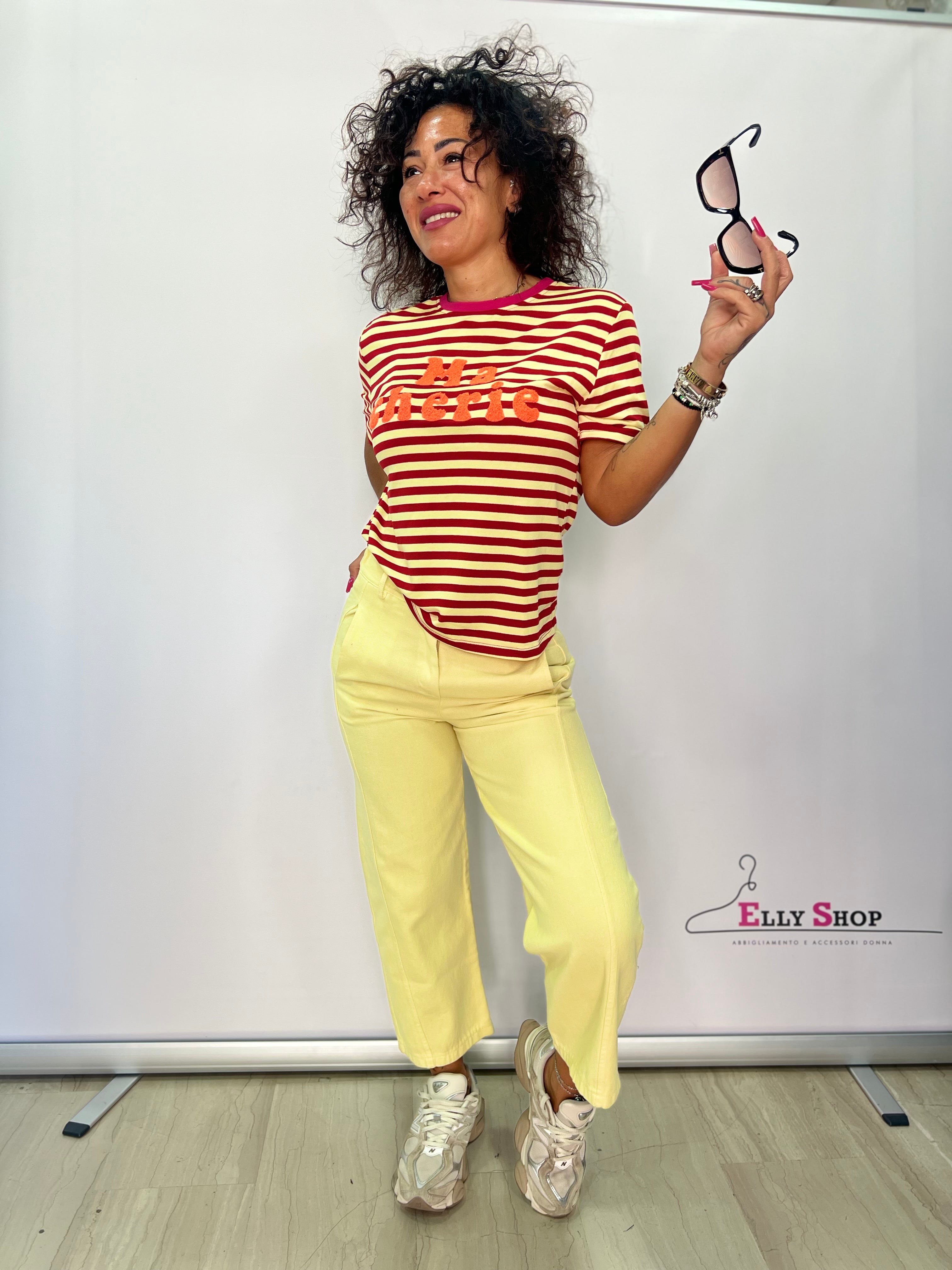 Completo casual donna righe e pantalone giallo
