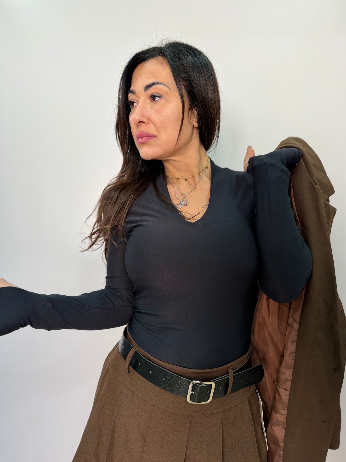 Body donna a manica lunga con scollo a V