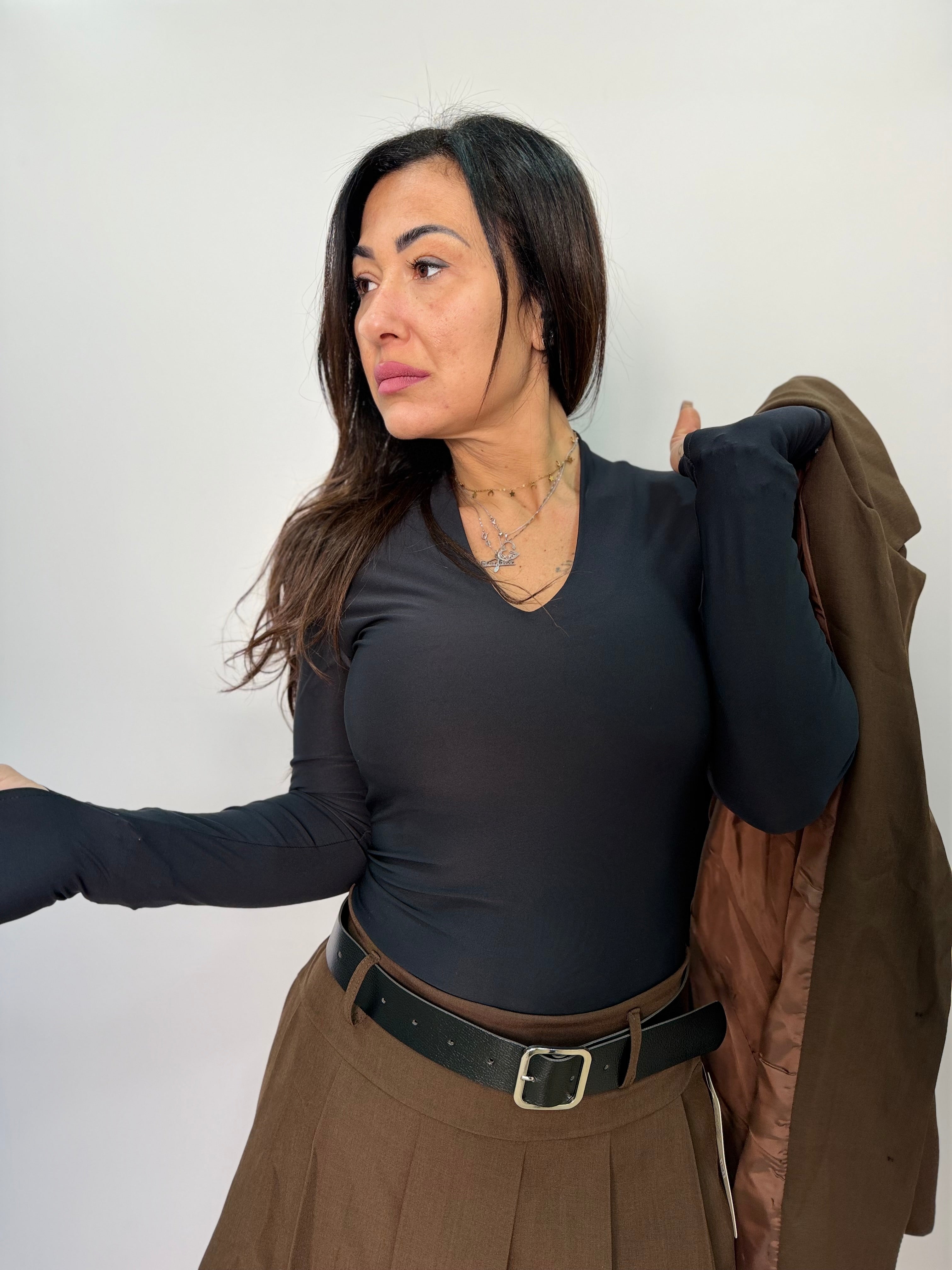 Body donna a manica lunga con scollo a V