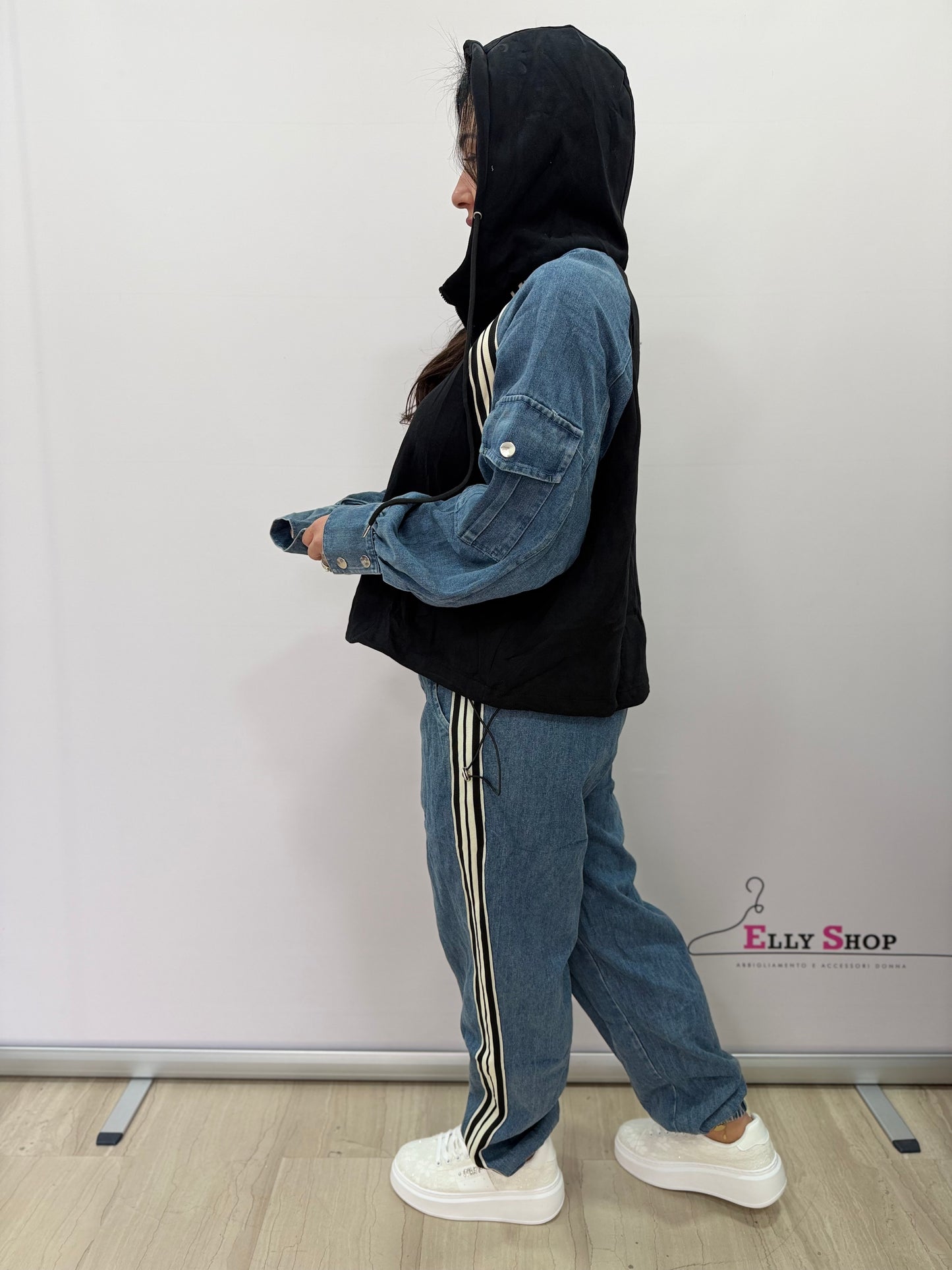 Completo tuta donna denim mix con cappuccio