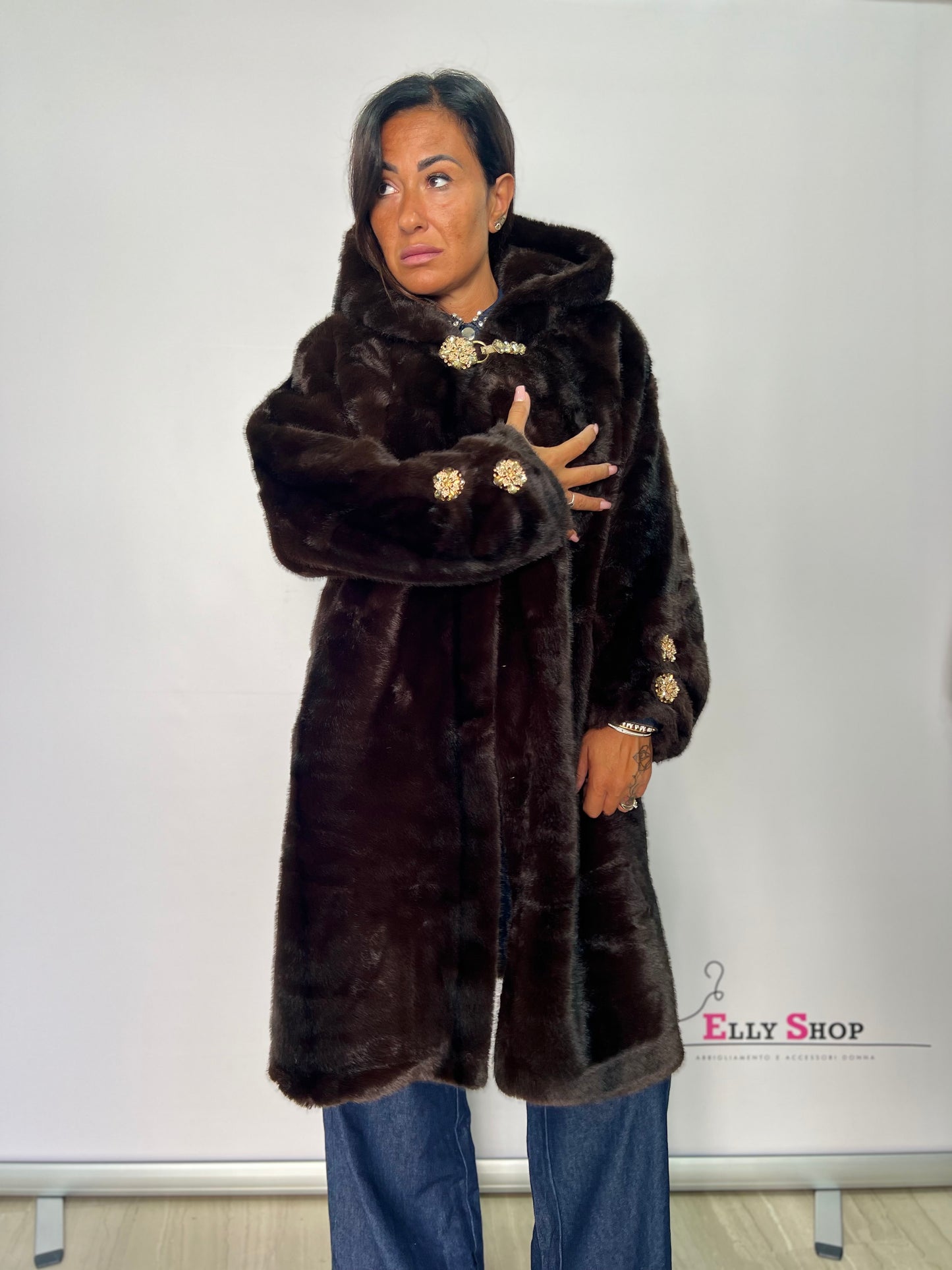 Pelliccia lunga donna con cappuccio in ecopelliccia visone – taglia unica beige o marrone fino alla 46