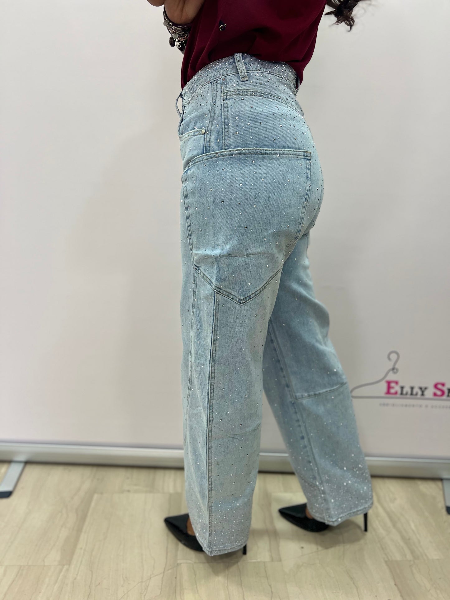 Jeans donna strass gamba ampia denim chiaro