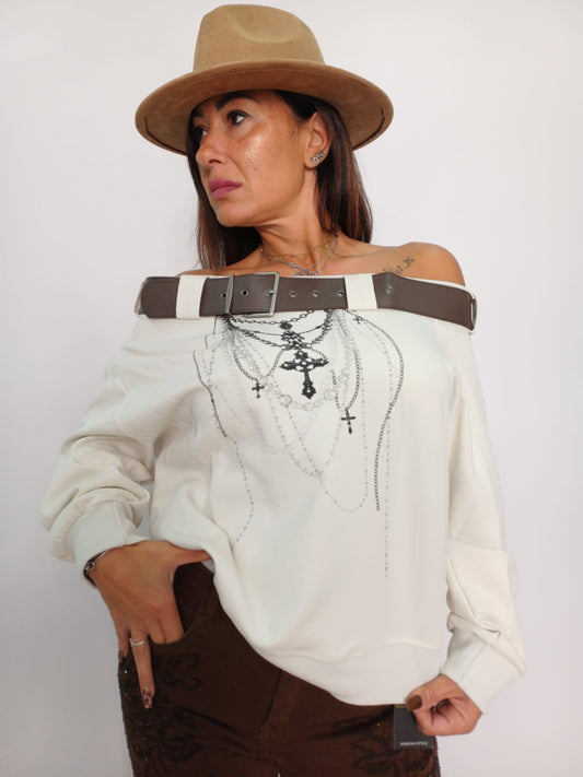 Maglia panna donna con cintura e stampa gioiello