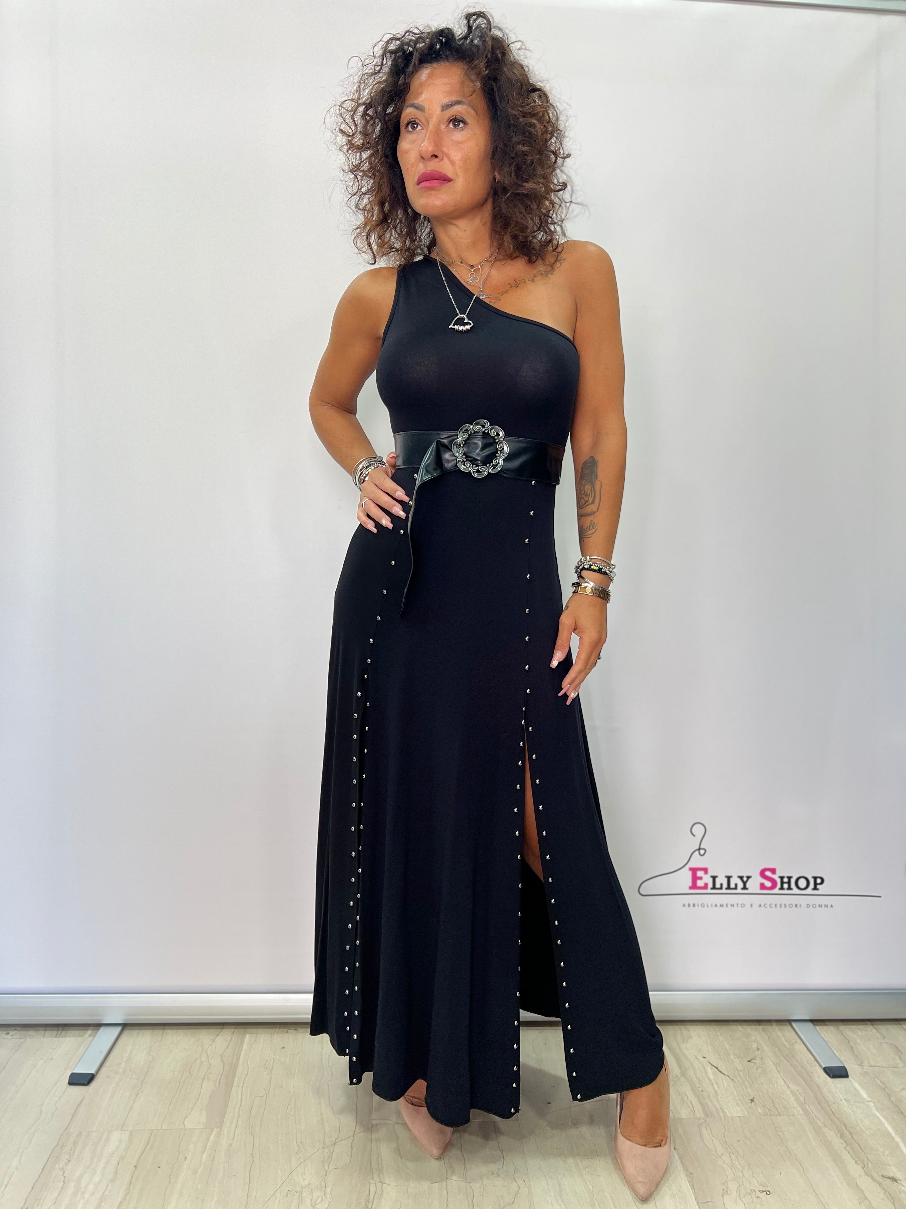 Abito Alexandra Lungo Monospalla Donna Elegance con Borchie e Spacchi