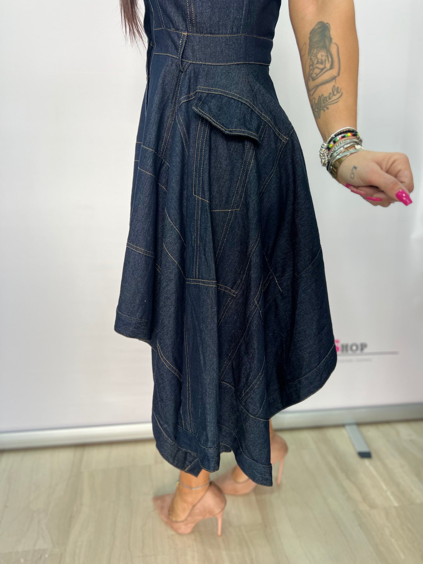 Abito midi denim asimmetrico donna