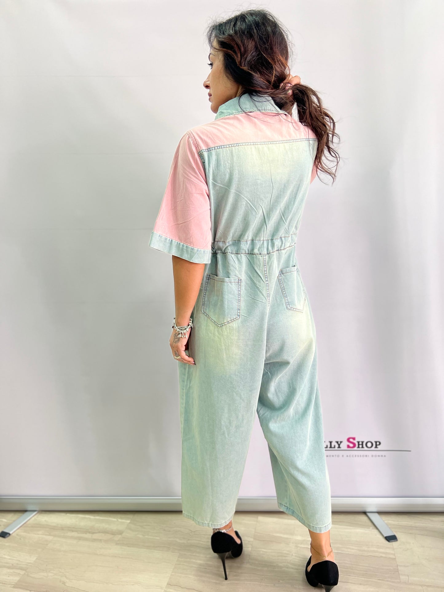 Tuta intera donna in denim bicolore con coulisse – Taglia unica fino alla 50