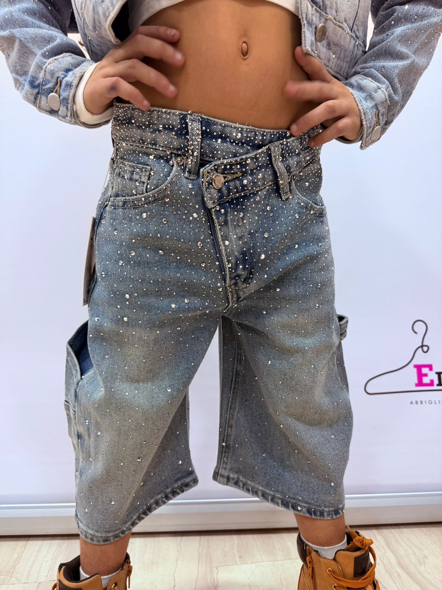 Jeans bermuda bambina con strass