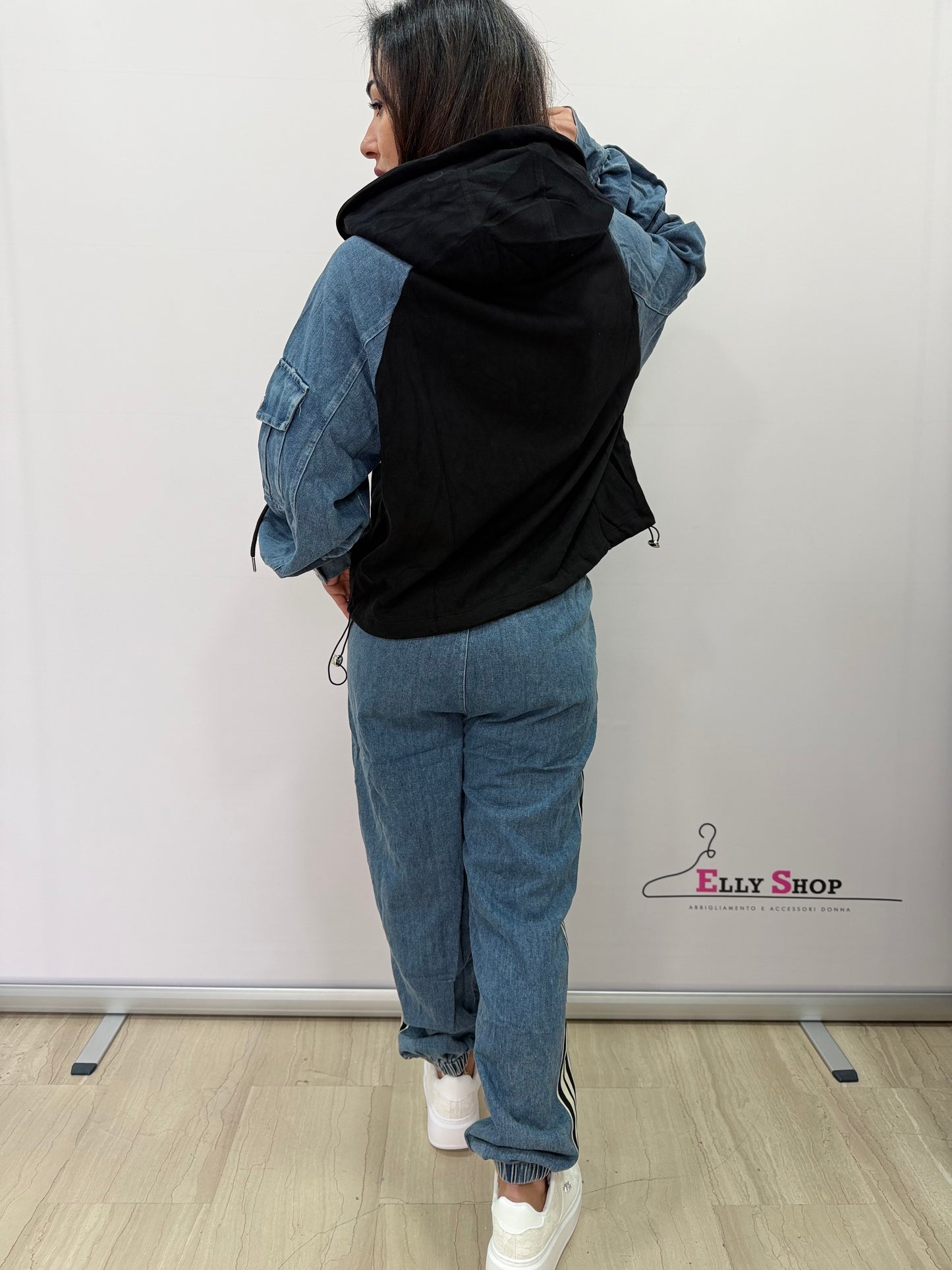 Completo tuta donna denim mix con cappuccio