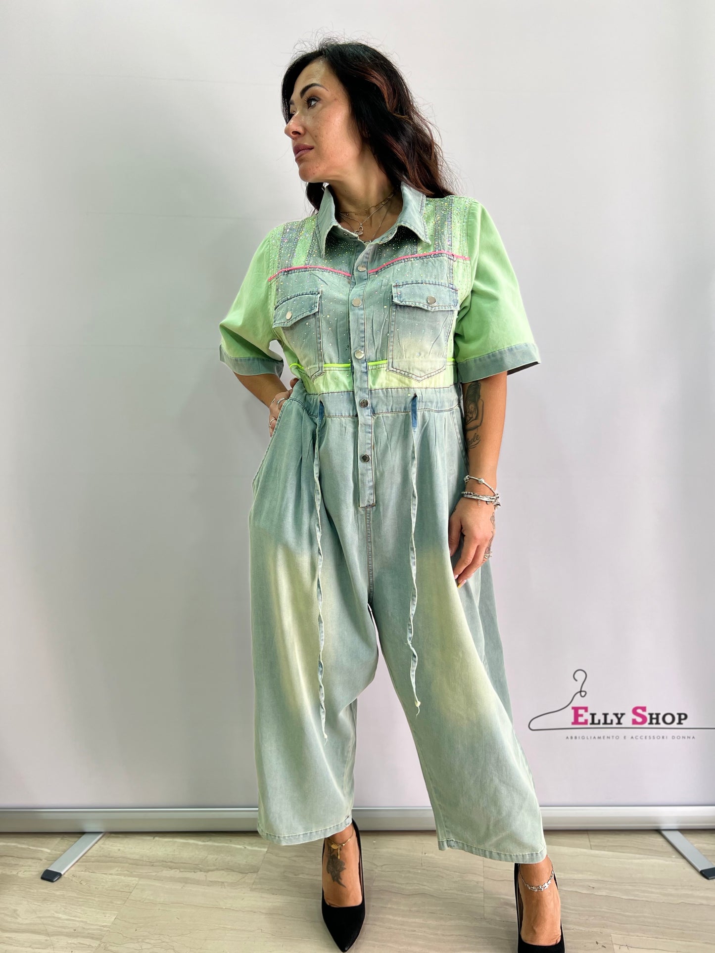 Tuta intera donna in denim bicolore con coulisse – Taglia unica fino alla 50