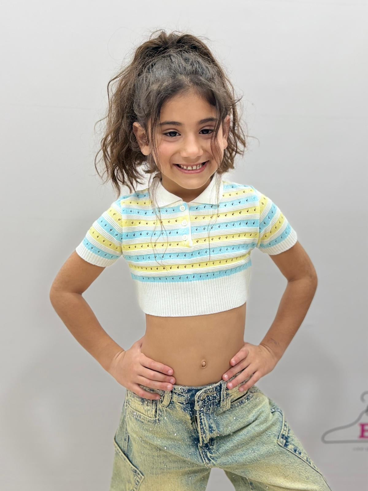 Top crop bambina righe traforato estivo