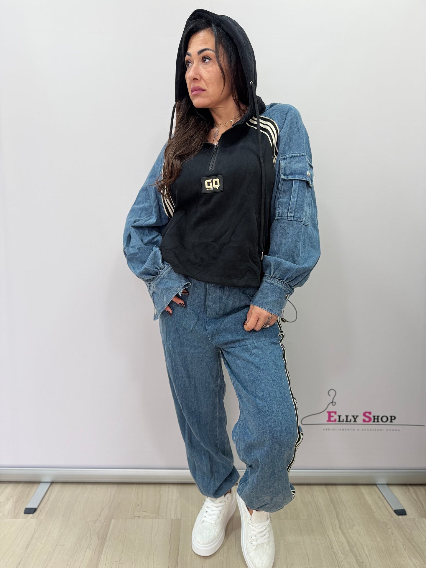 Completo tuta donna denim mix con cappuccio