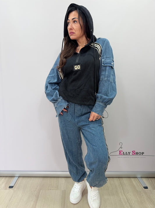 Completo tuta donna denim mix con cappuccio