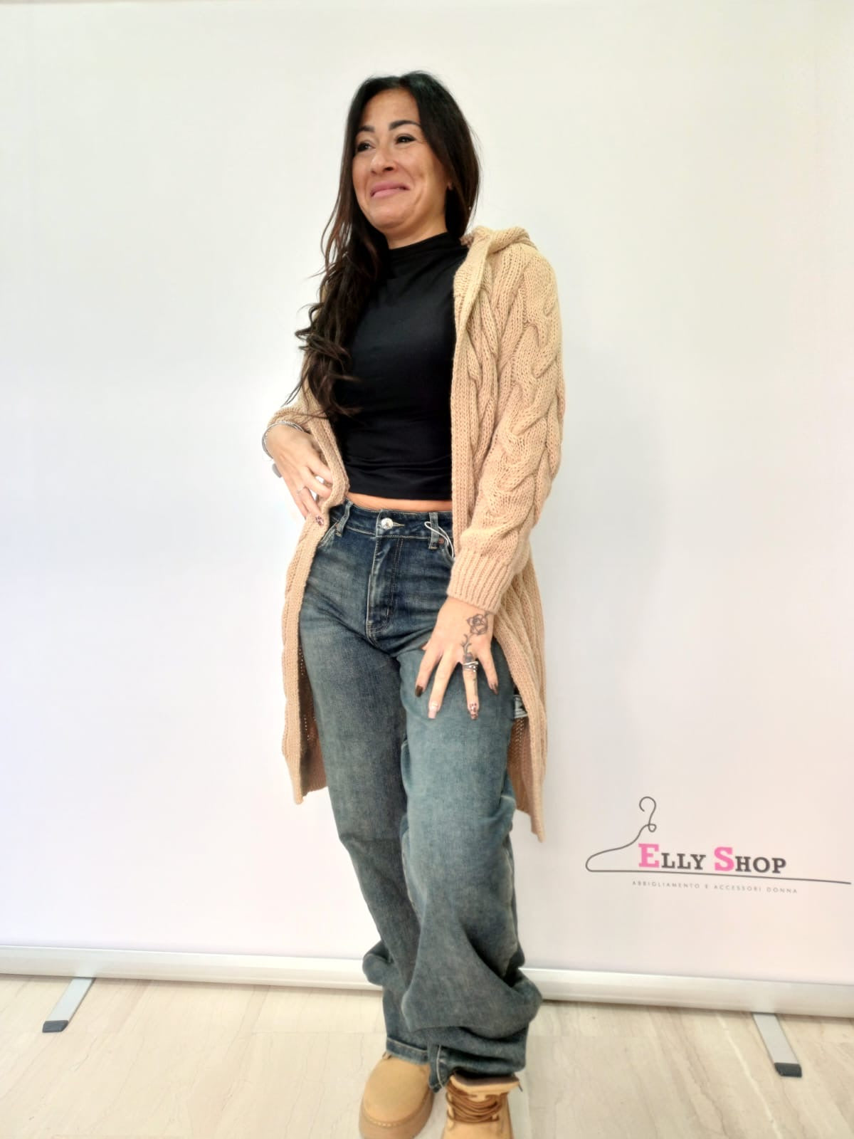 Cardigan lungo donna intrecciato con cappuccio