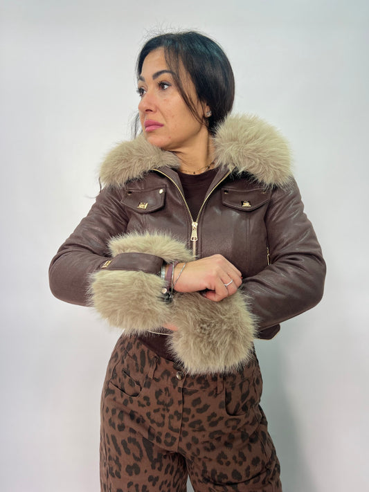 Giacca corta effetto pelle con pelliccia donna