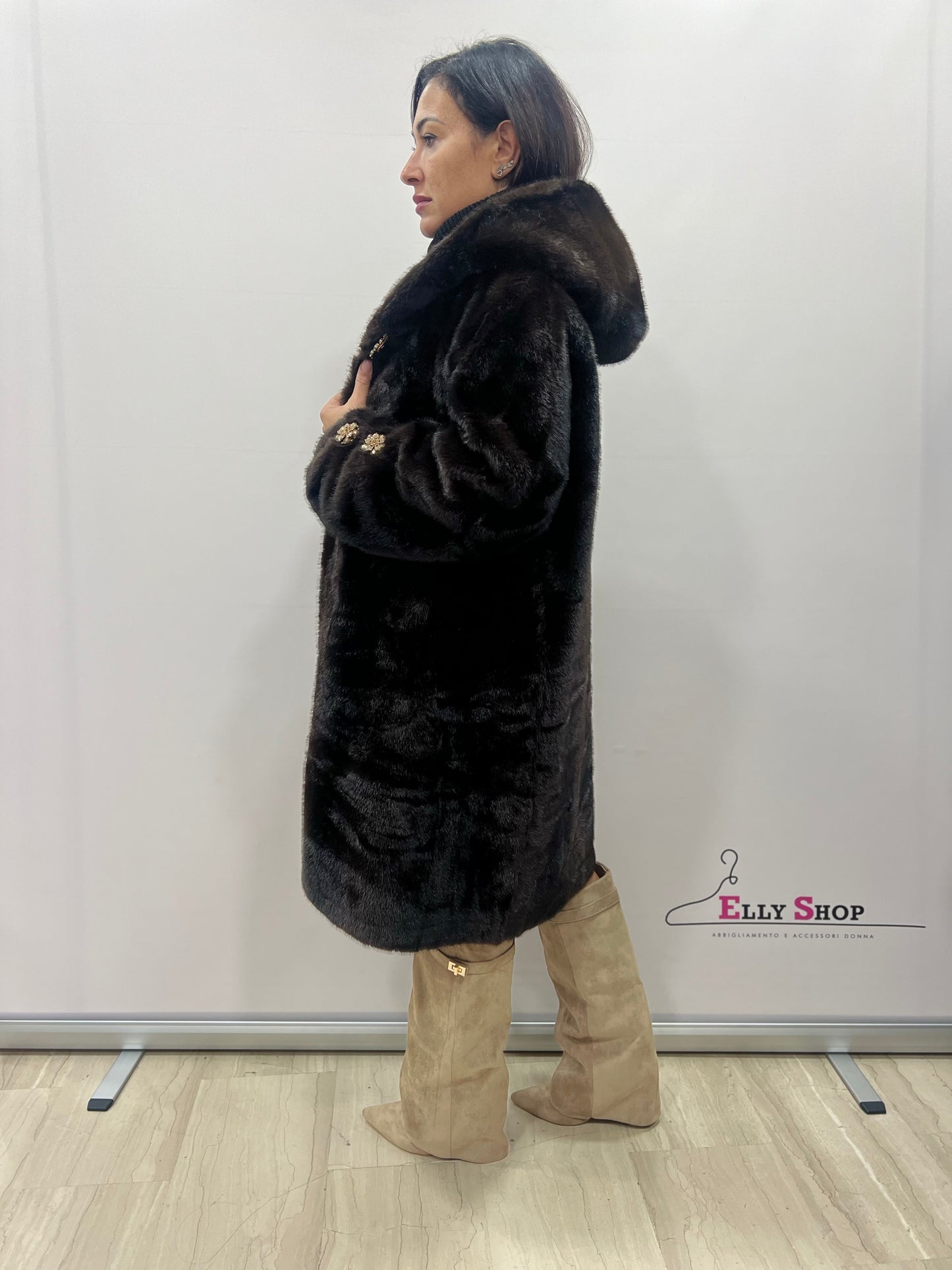 Pelliccia lunga donna con cappuccio in ecopelliccia visone – taglia unica beige o marrone fino alla 46