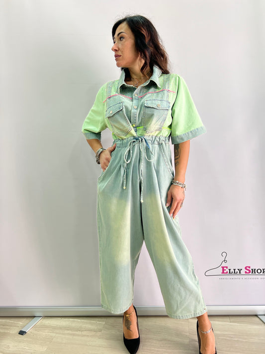 Tuta intera donna in denim bicolore con coulisse – Taglia unica fino alla 50