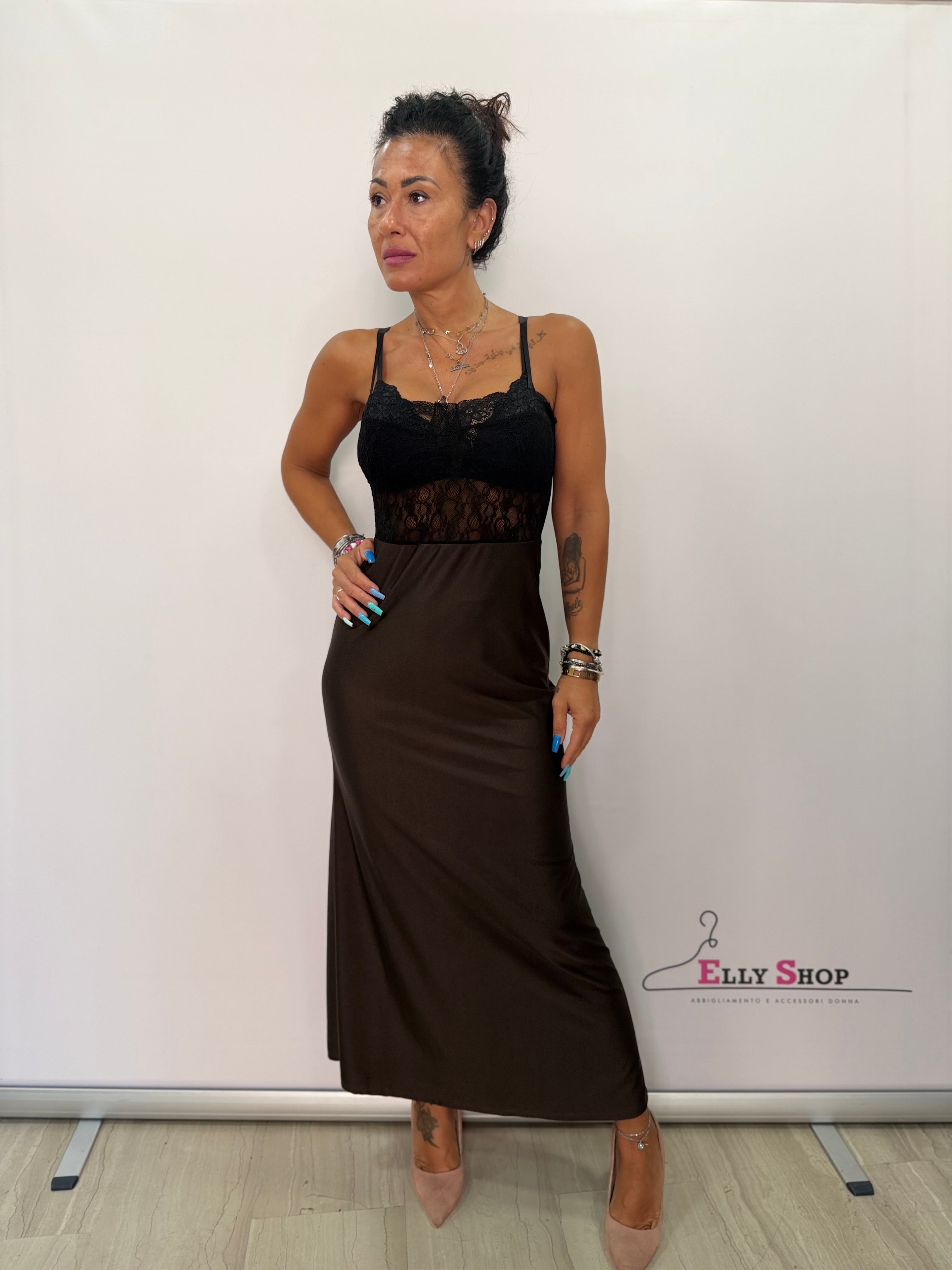 Abito Lungo Elegance in Pizzo Donna – Nero e Marrone