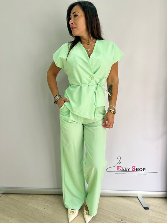Completo elegante donna verde menta due pezzi con cintura – taglia unica