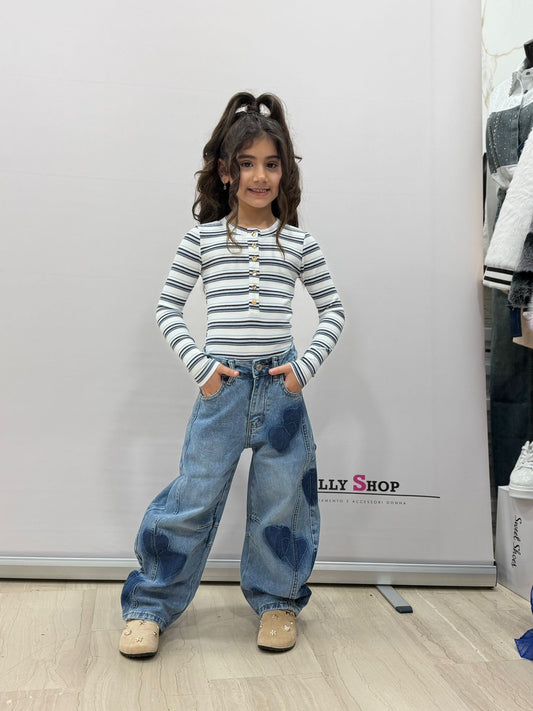 Jeans larghi bambina con cuori denim