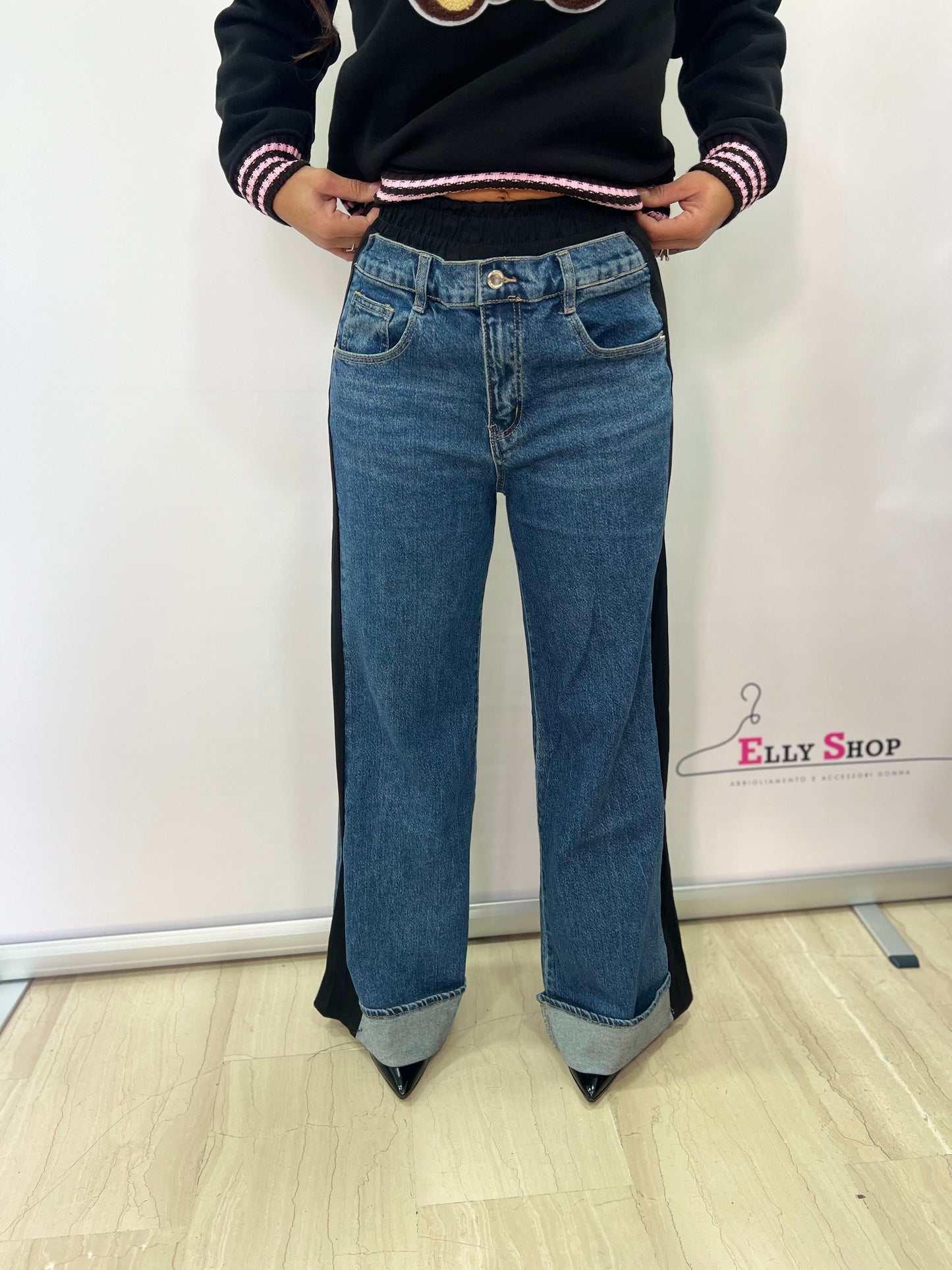 Jeans wide leg con banda laterale
