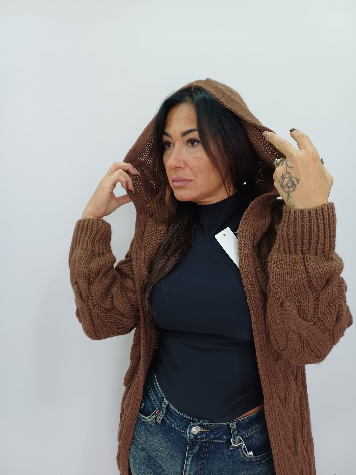 Cardigan lungo donna intrecciato con cappuccio